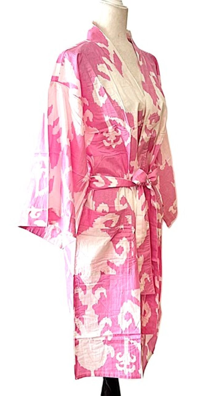 Pink Block Print Cotton Short Kimono Robe  Great Dress, Jacket or Coverup.