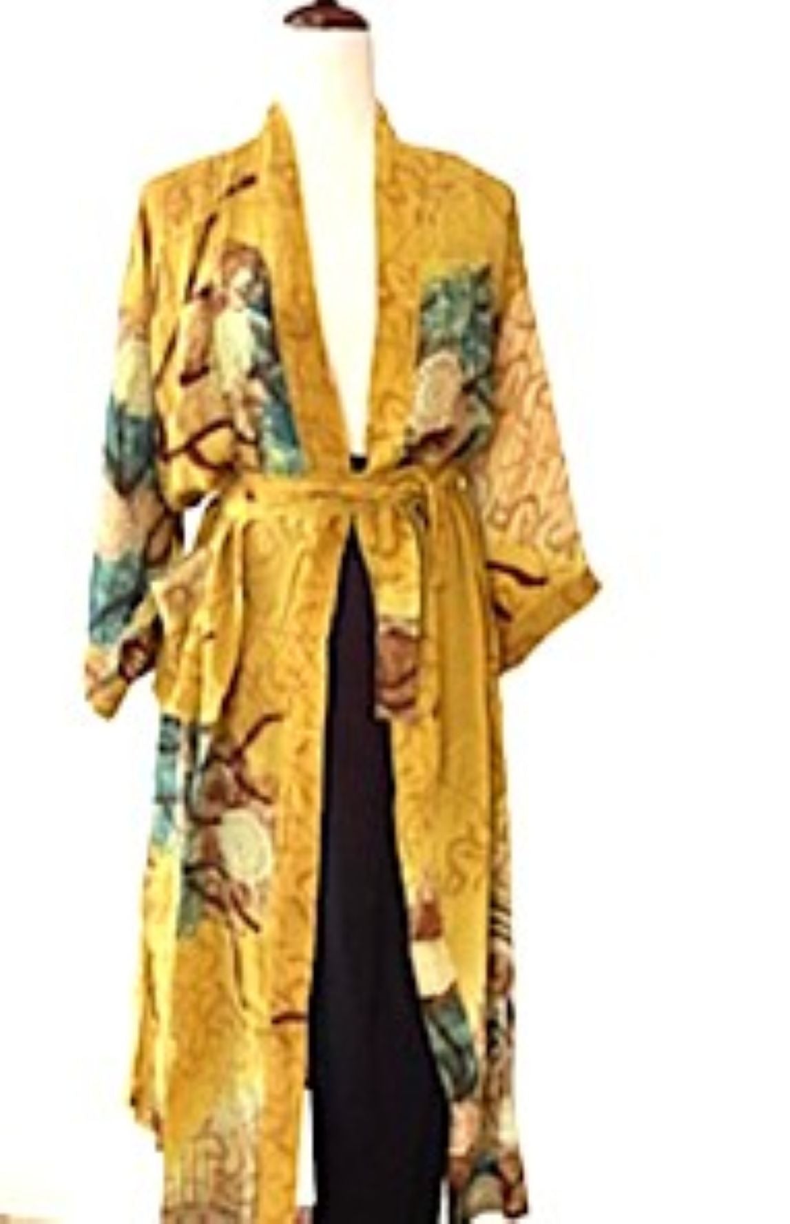Signature Collection, Abstract Asian Treatment Long Silk Kimono Duster. (Mustard)