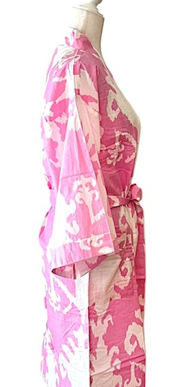 Pink Block Print Cotton Short Kimono Robe  Great Dress, Jacket or Coverup.