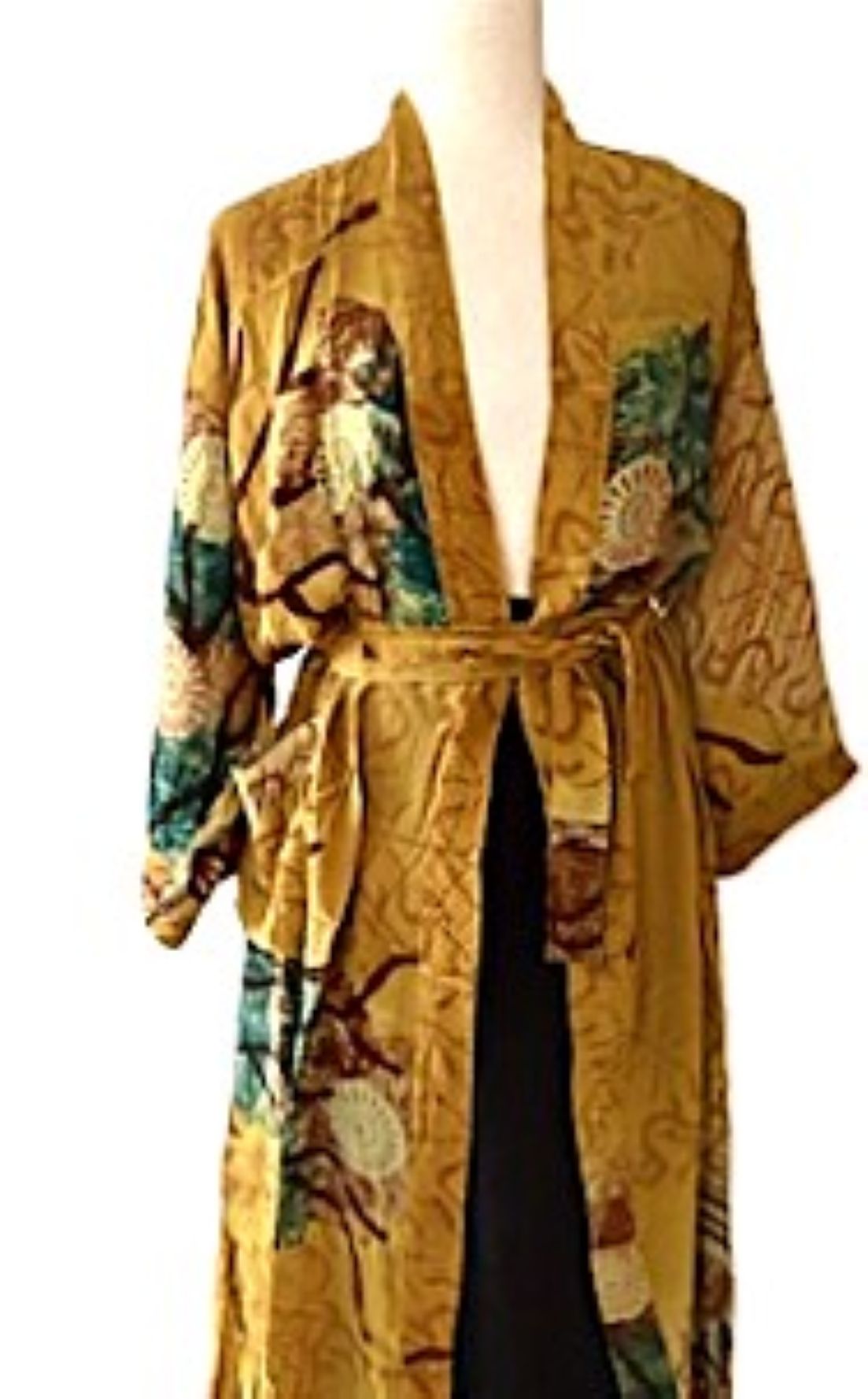 Signature Collection, Abstract Asian Treatment Long Silk Kimono Duster. (Mustard)