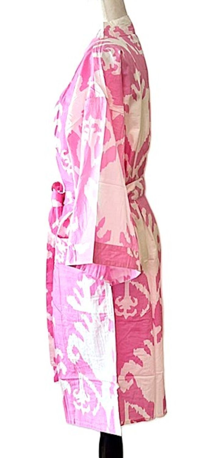 Pink Block Print Cotton Short Kimono Robe  Great Dress, Jacket or Coverup.