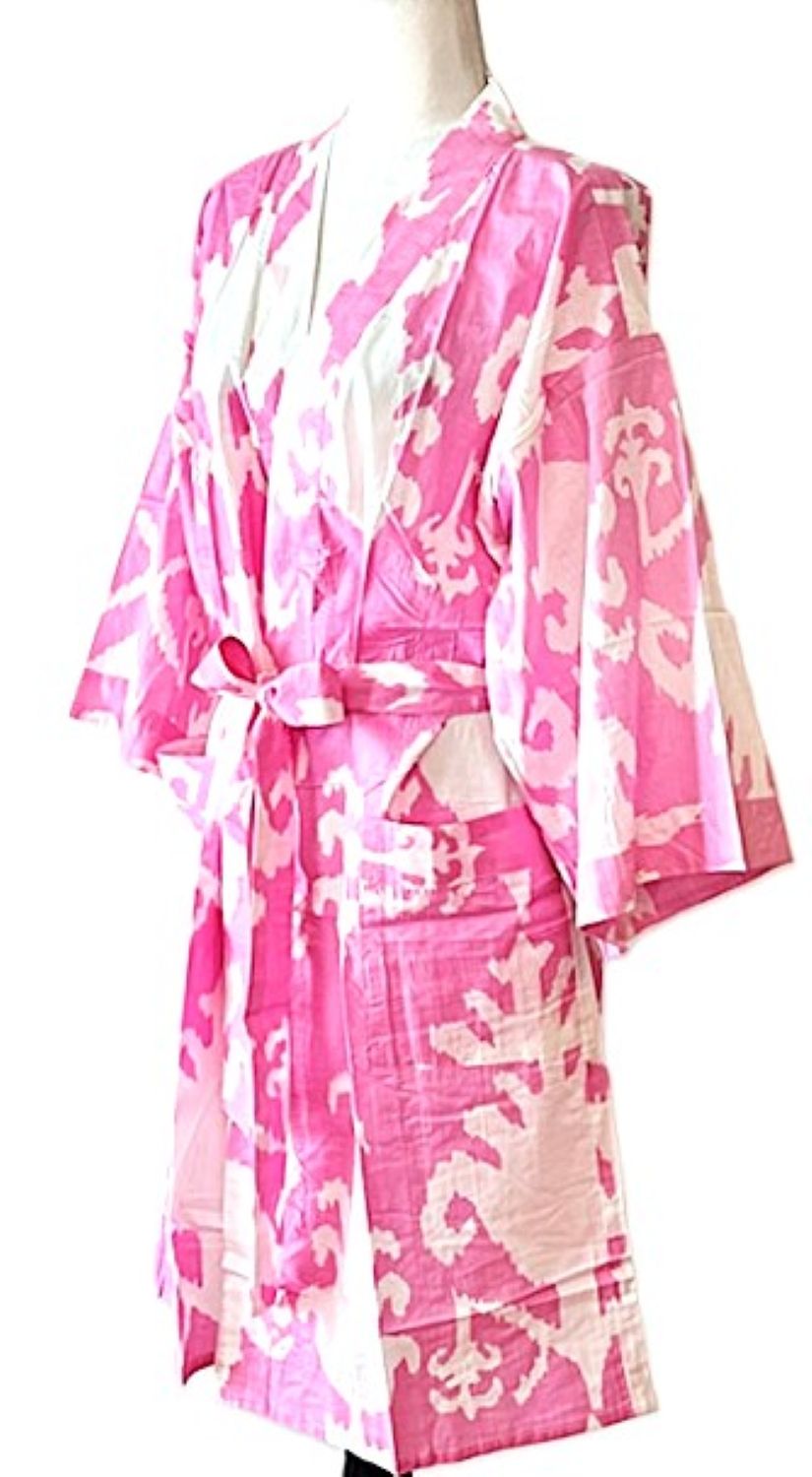 Pink Block Print Cotton Short Kimono Robe  Great Dress, Jacket or Coverup.