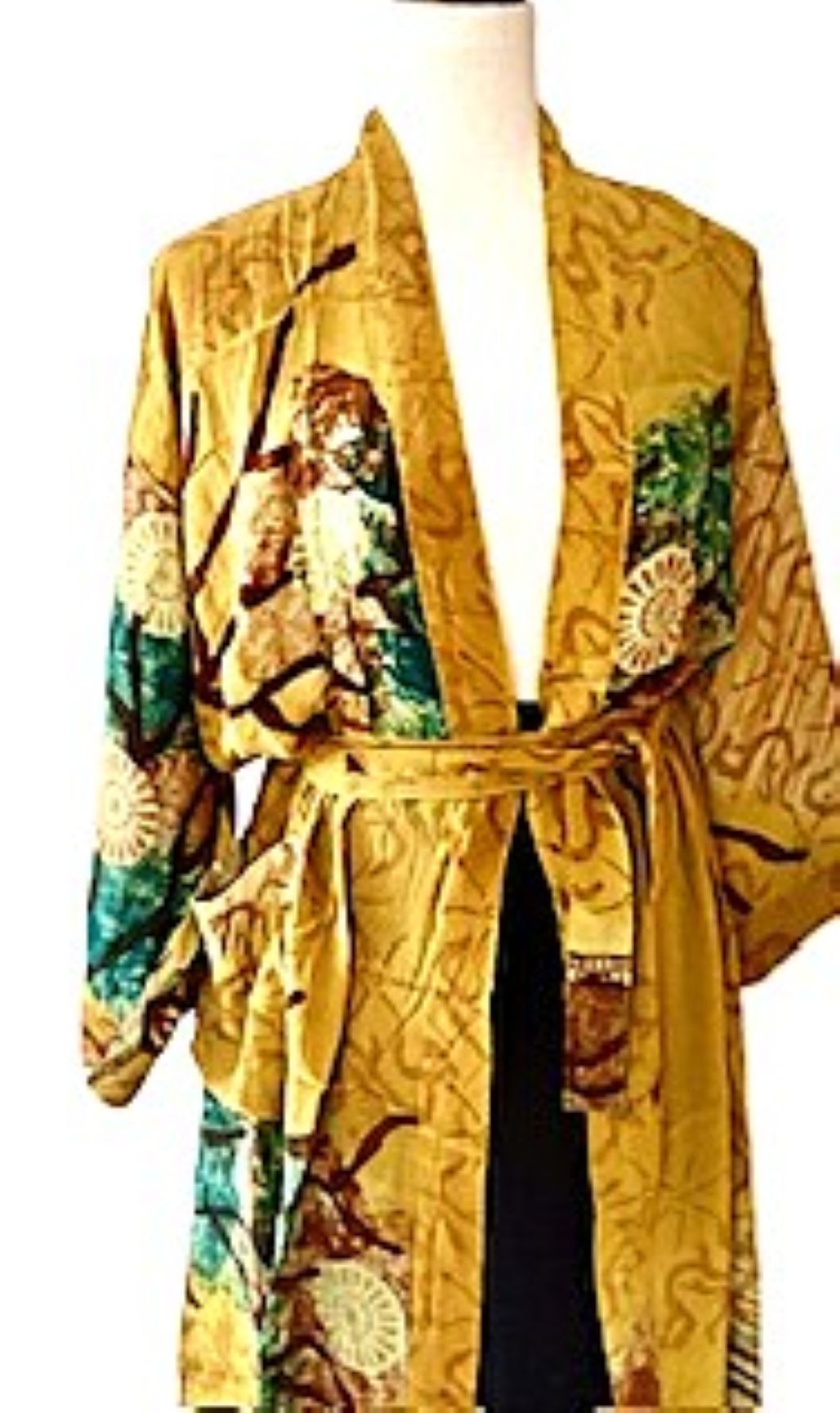 Signature Collection, Abstract Asian Treatment Long Silk Kimono Duster. (Mustard)
