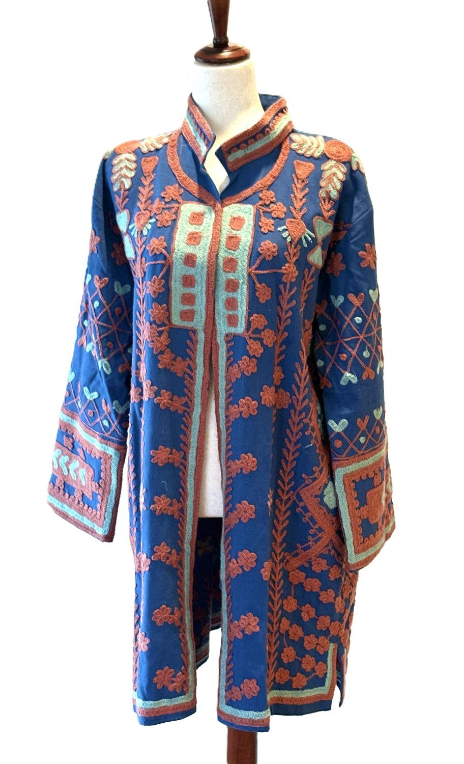 Jacket - Wearable Art, Hand Embroidered Cotton Kimono Coat (Blue)