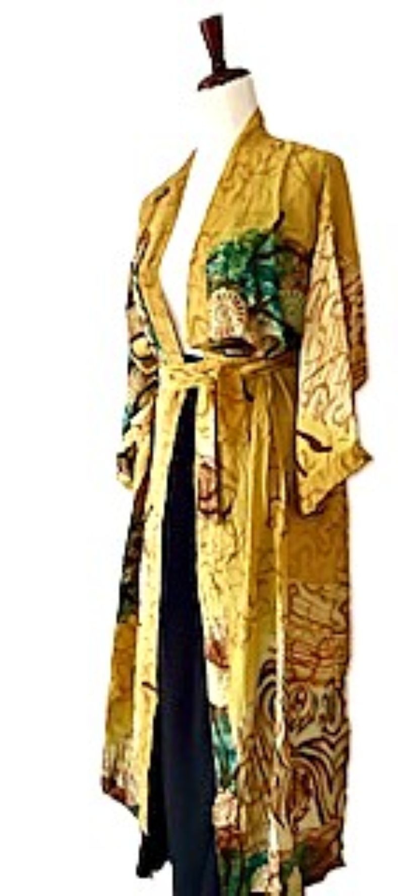 Signature Collection, Abstract Asian Treatment Long Silk Kimono Duster. (Mustard)
