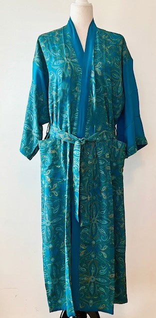 Luxurious Rich Silk Long Kimono Duster. Glamorous (Turquoise)