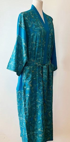 Luxurious Rich Silk Long Kimono Duster. Glamorous (Turquoise)