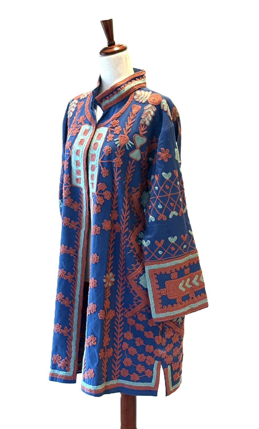 Jacket - Wearable Art, Hand Embroidered Cotton Kimono Coat (Blue)