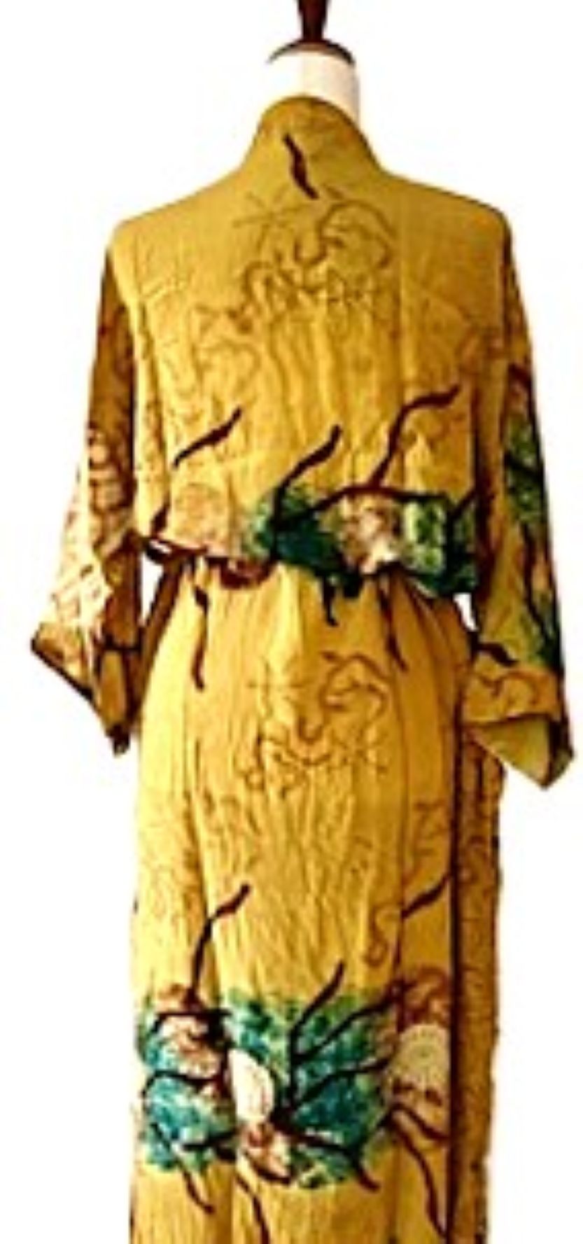 Signature Collection, Abstract Asian Treatment Long Silk Kimono Duster. (Mustard)