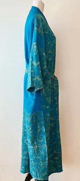 Luxurious Rich Silk Long Kimono Duster. Glamorous (Turquoise)