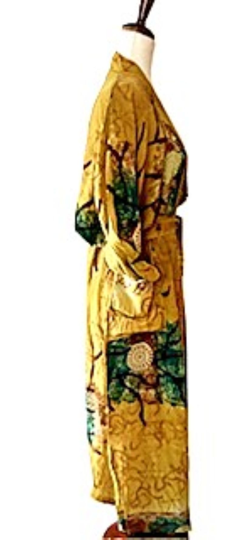 Signature Collection, Abstract Asian Treatment Long Silk Kimono Duster. (Mustard)