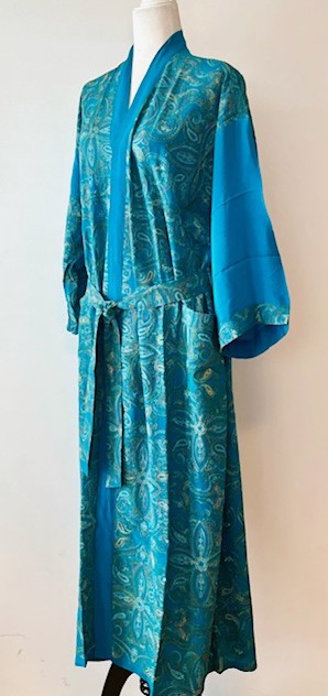 Luxurious Rich Silk Long Kimono Duster. Glamorous (Turquoise)