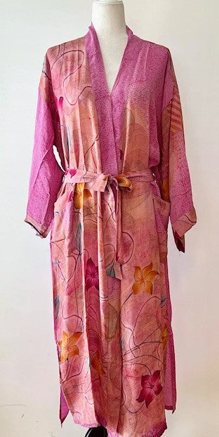 Luxurious Rich Silk Long Kimono Duster. Glamorous (Pink)