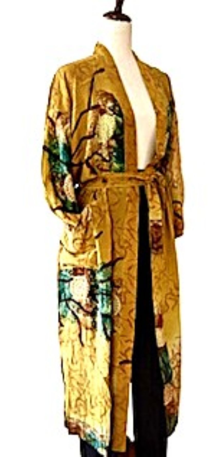 Signature Collection, Abstract Asian Treatment Long Silk Kimono Duster. (Mustard)