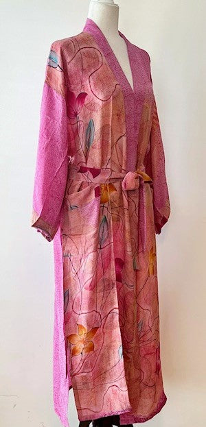 Luxurious Rich Silk Long Kimono Duster. Glamorous (Pink)