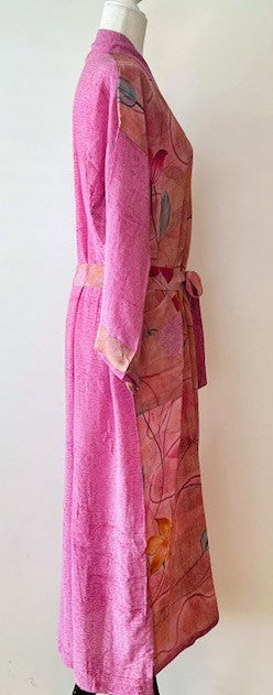 Luxurious Rich Silk Long Kimono Duster. Glamorous (Pink)