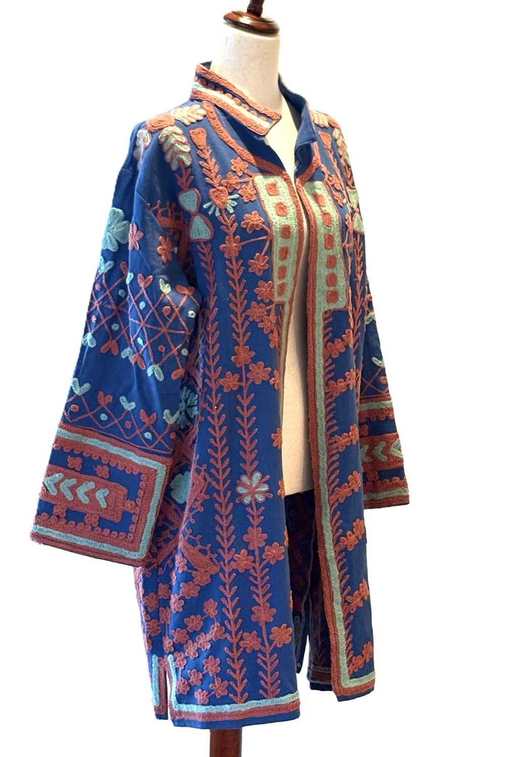Jacket - Wearable Art, Light Weight Hand Embroidered Cotton Kimono Coat (Royal)