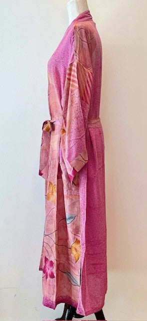 Luxurious Rich Silk Long Kimono Duster. Glamorous (Pink)