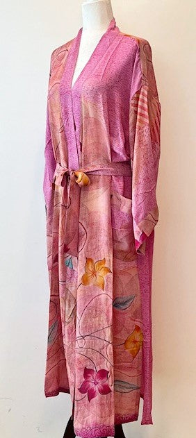 Luxurious Rich Silk Long Kimono Duster. Glamorous (Pink)