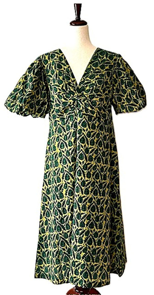 Sophisticated Block Print Maxi Dress In A Complex Print. (Green)