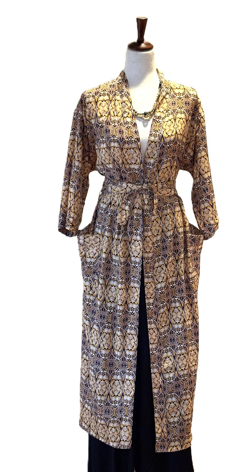 Long Silk Kimono Duster Is Striking In A Rich, Geometric Print (Bronze)
