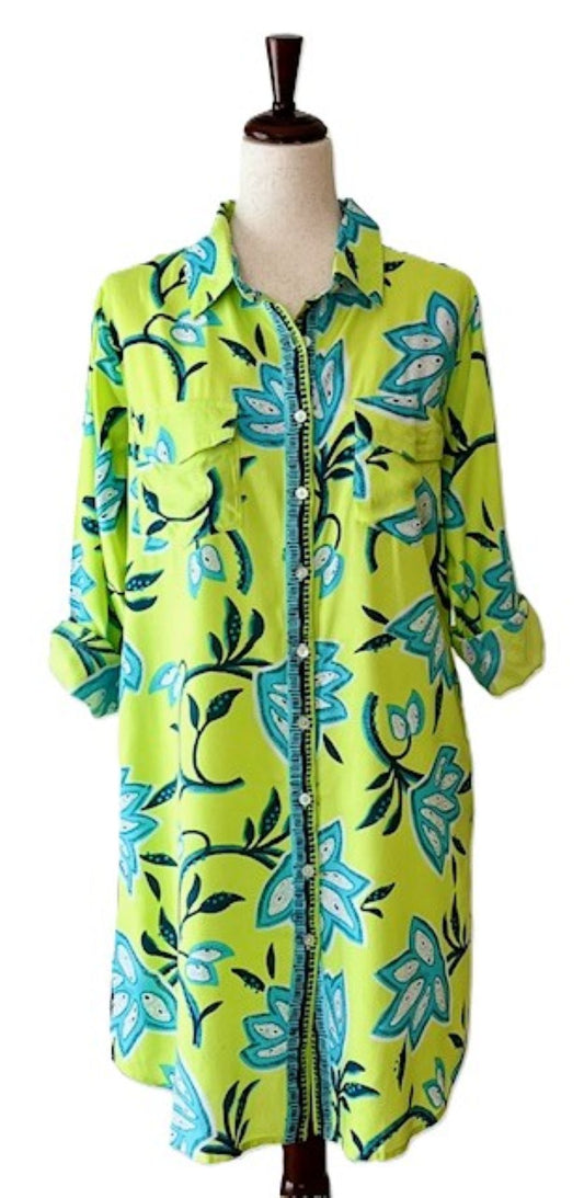 Classic Shirt Dress turned up a notch in Vibrant Lime Florals