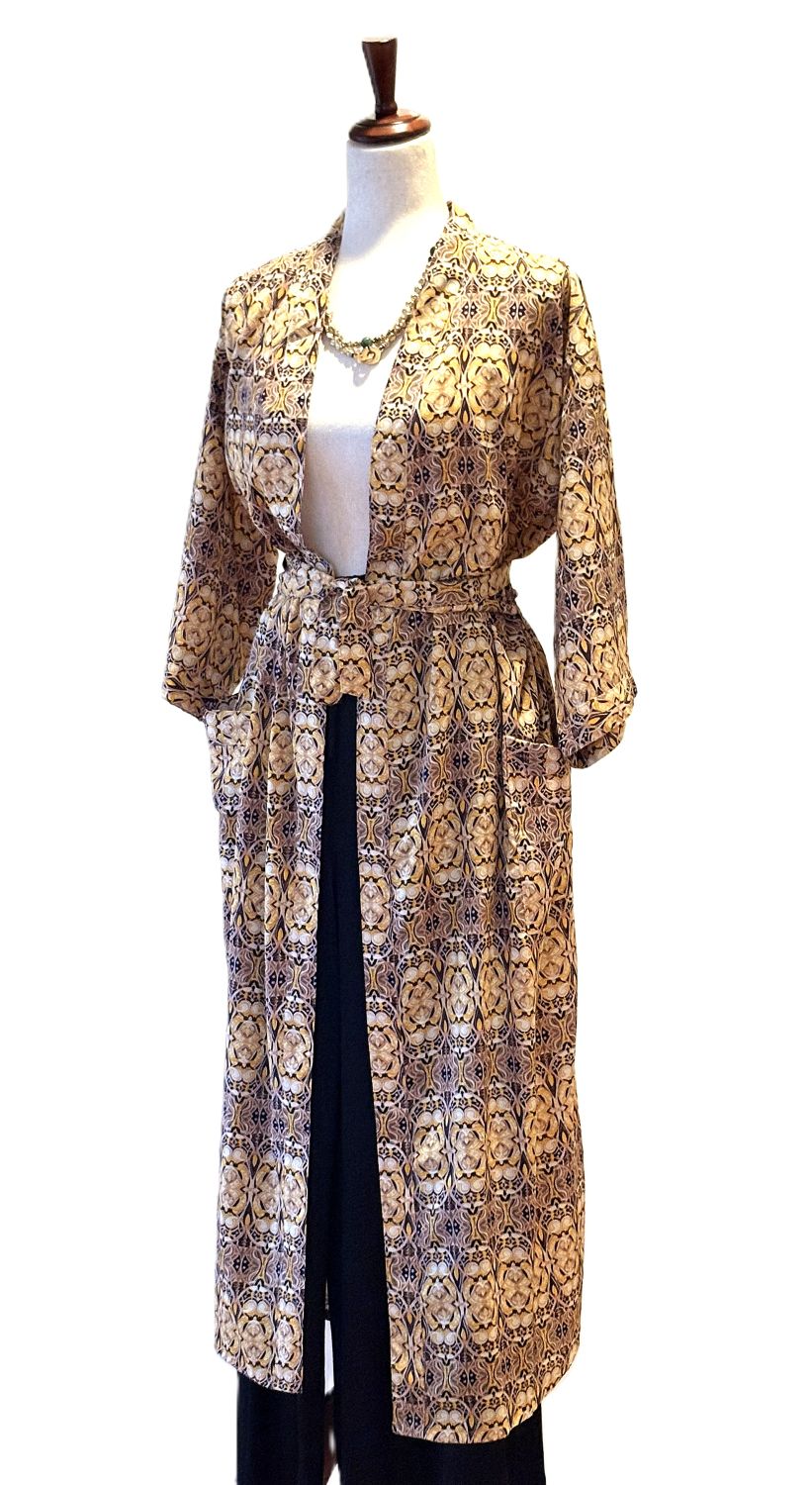 Long Silk Kimono Duster Is Striking In A Rich, Geometric Print (Bronze)