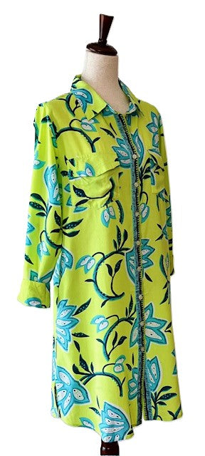 Classic Shirt Dress turned up a notch in Vibrant Lime Florals