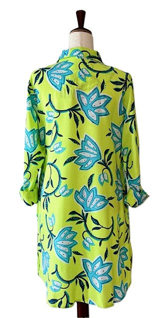 Classic Shirt Dress turned up a notch in Vibrant Lime Florals