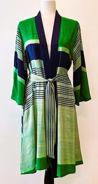 Flattering Short Silk Kimono Dress Is Timeless In A Multi Colored Stripe