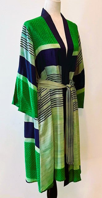 Flattering Short Silk Kimono Dress Is Timeless In A Multi Colored Stripe