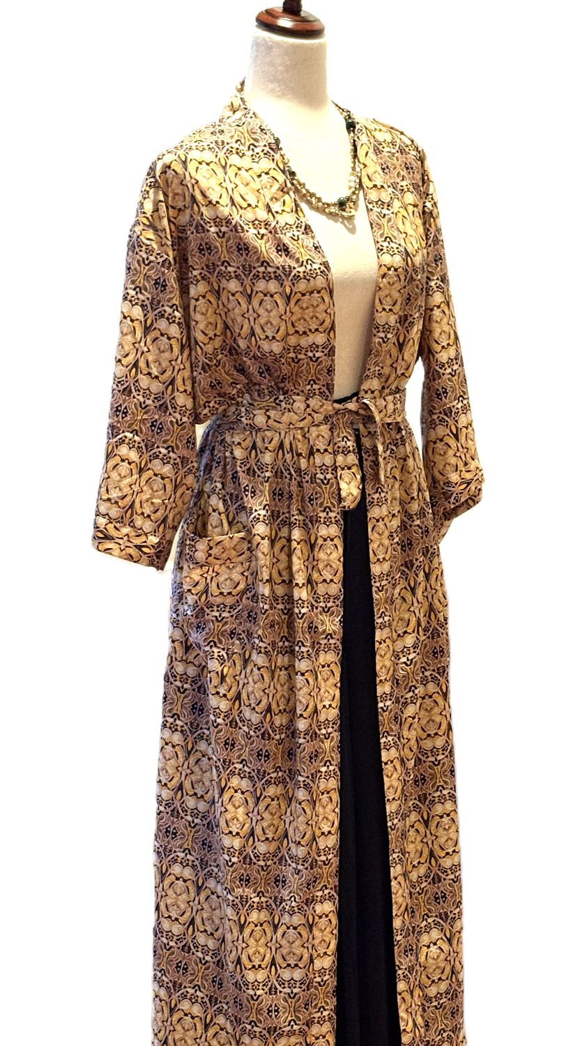 Long Silk Kimono Duster Is Striking In A Rich, Geometric Print (Bronze)