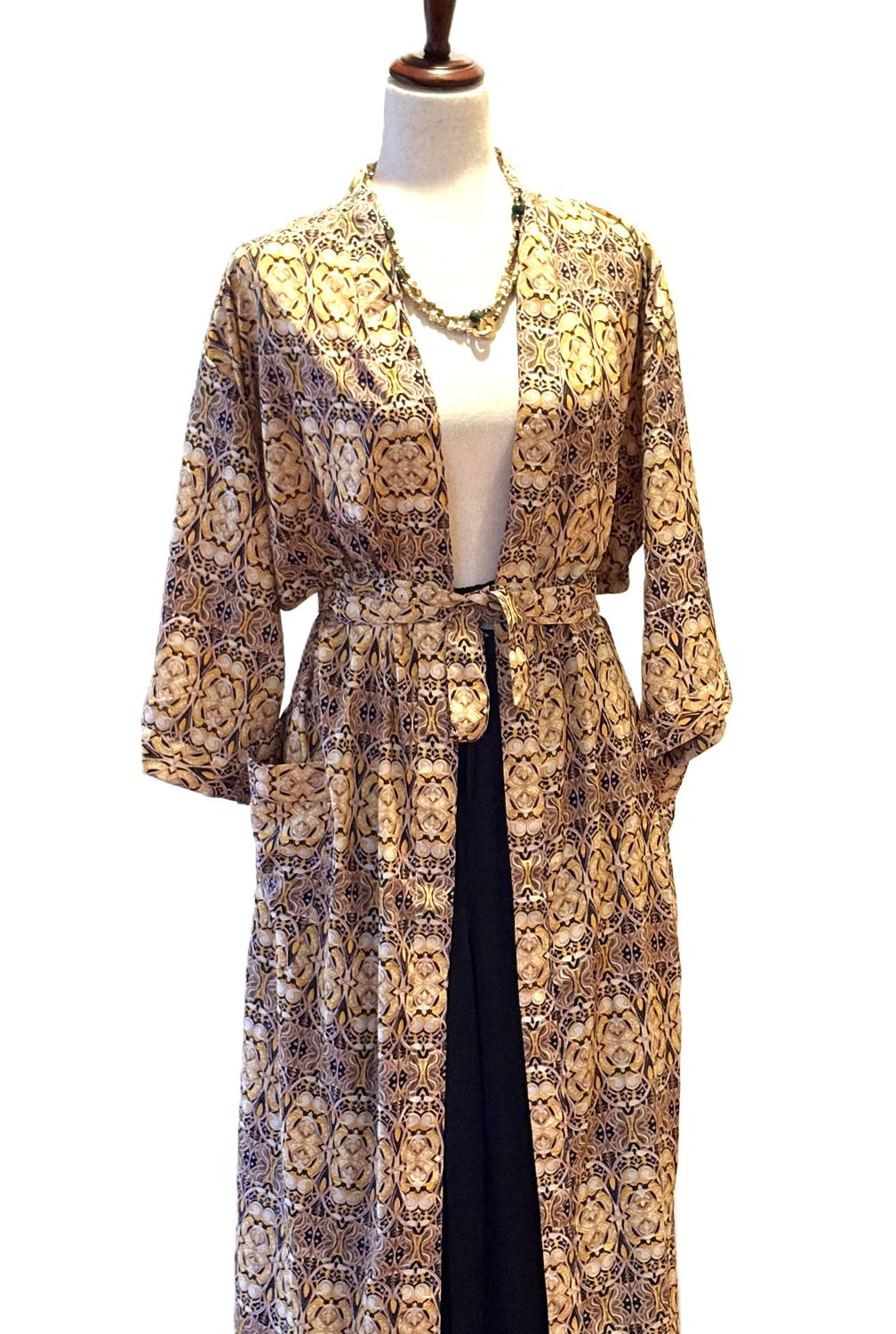 Long Silk Kimono Duster Is Striking In A Rich, Geometric Print (Bronze)