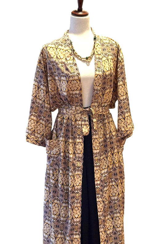Long Silk Kimono Duster Is Striking In A Rich, Geometric Print (Bronze)