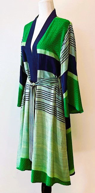 Flattering Short Silk Kimono Dress Is Timeless In A Multi Colored Stripe