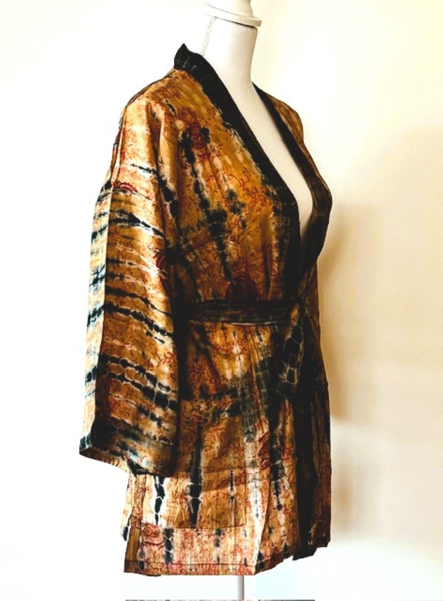 The Accessory In Demand, A Short Silk Kimono Jacket.  A Tie Dye Beauty In Bronze.