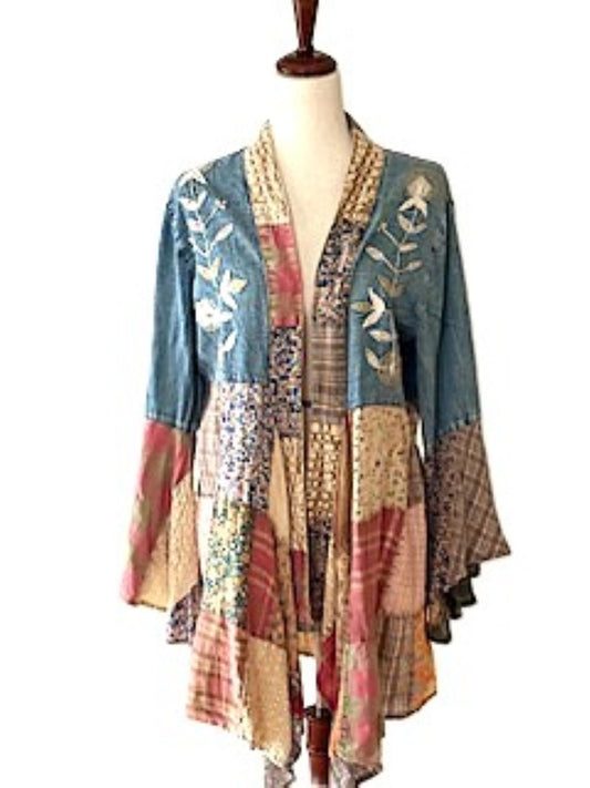 Jacket, Patchwork Kimono Shrug With Boho Bell Sleeve (Multicolor)