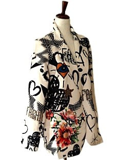 Blazer-Contemporary Italian One Size Artistic Graffiti & Floral Print