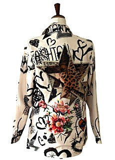 Blazer-Contemporary Italian One Size Artistic Graffiti & Floral Print
