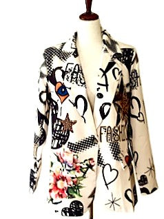 Blazer-Contemporary Italian One Size Artistic Graffiti & Floral Print