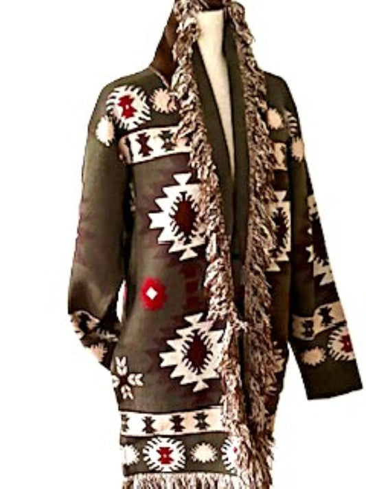 Tribal Inspired Fringe Hem Blanket Cardigan Sweater.