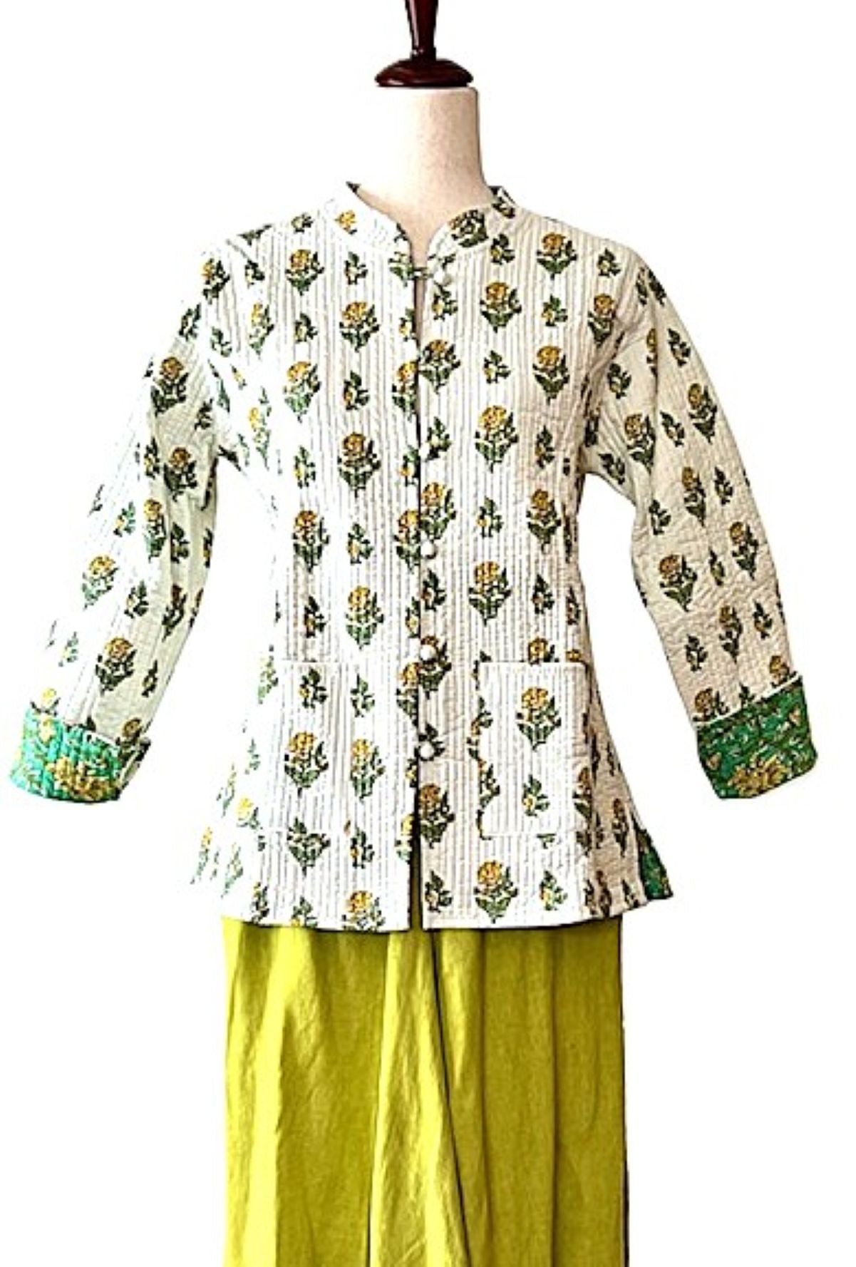 Fully Reversible Cotton Quilted  Womens Jacket. (Yellow Green)