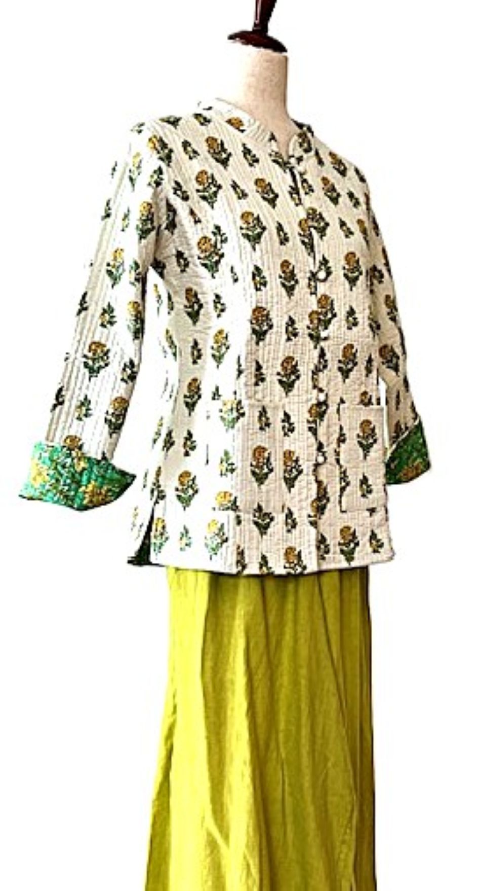 Fully Reversible Cotton Quilted  Womens Jacket. (Yellow Green)