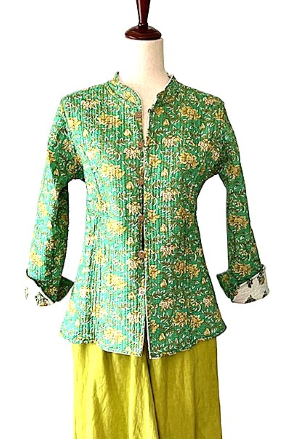 Fully Reversible Cotton Quilted  Womens Jacket. (Yellow Green)