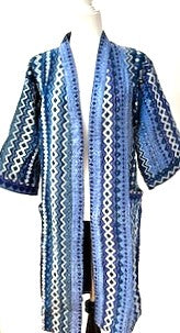 Sophisticated Handmade Kantha Jacket  Is Timeless (Mixed Blue Stripes)