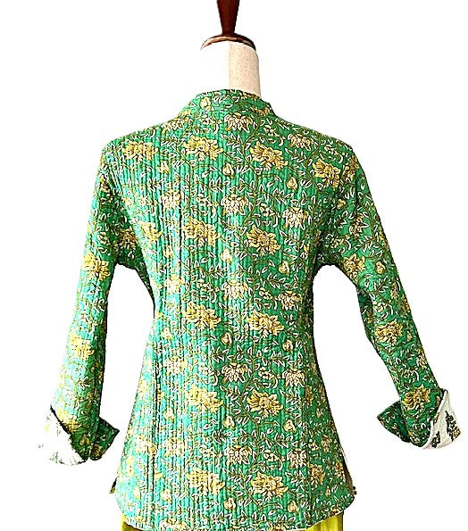 Fully Reversible Cotton Quilted  Womens Jacket. (Yellow Green)