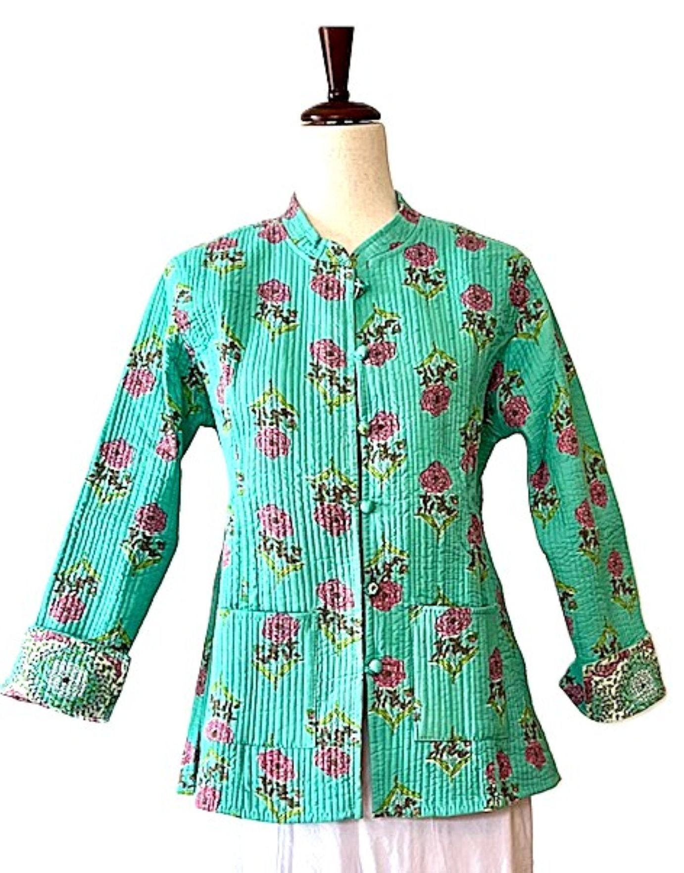 Fully Reversible Cotton Quilted  Womens Jacket. (Blue Green)