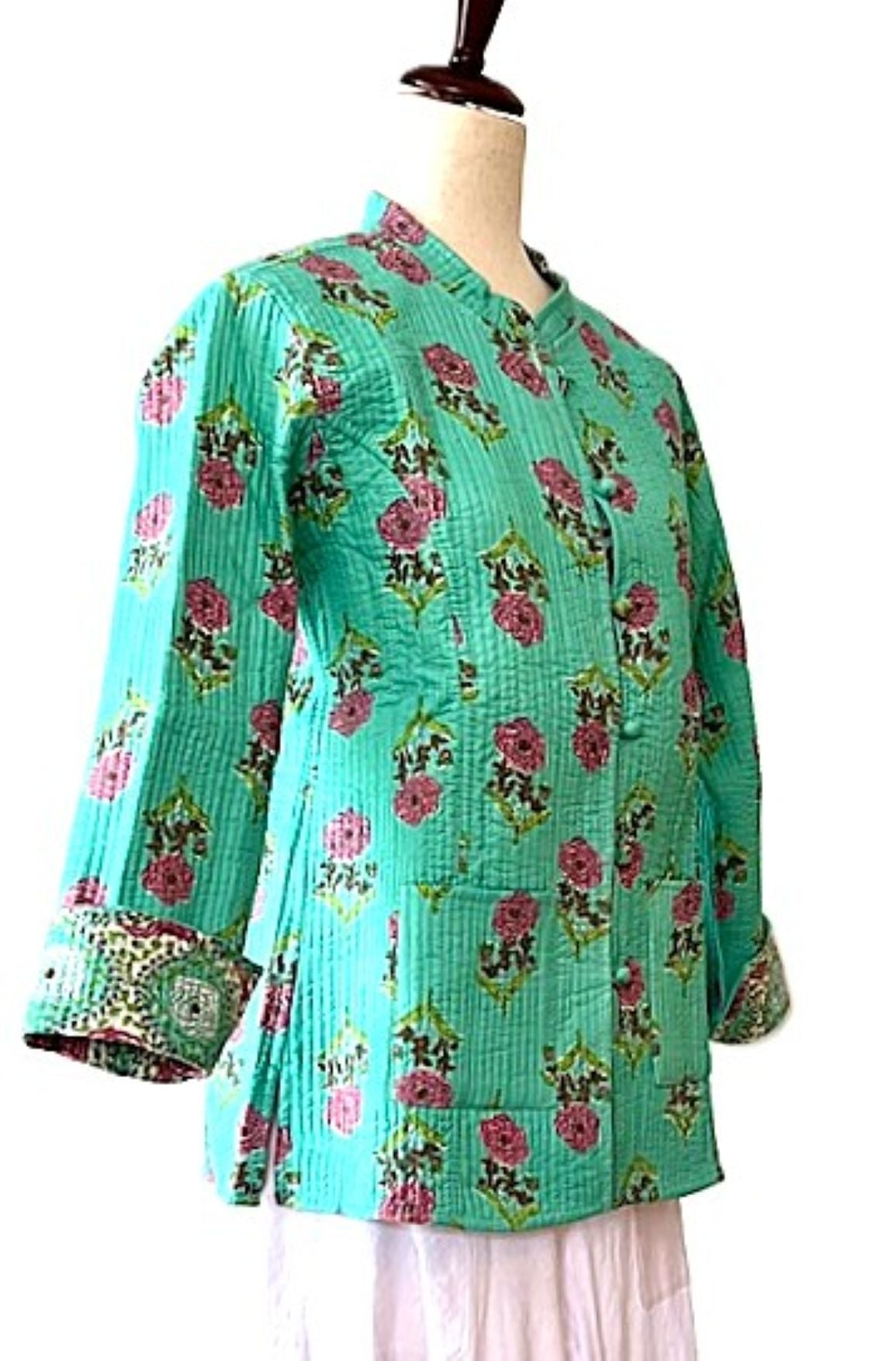 Fully Reversible Cotton Quilted  Womens Jacket. (Blue Green)