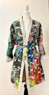 Short Floral Block Print Cotton Kimono Robe. A Kaleidoscope of Color.