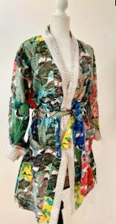 Short Floral Block Print Cotton Kimono Robe. A Kaleidoscope of Color.